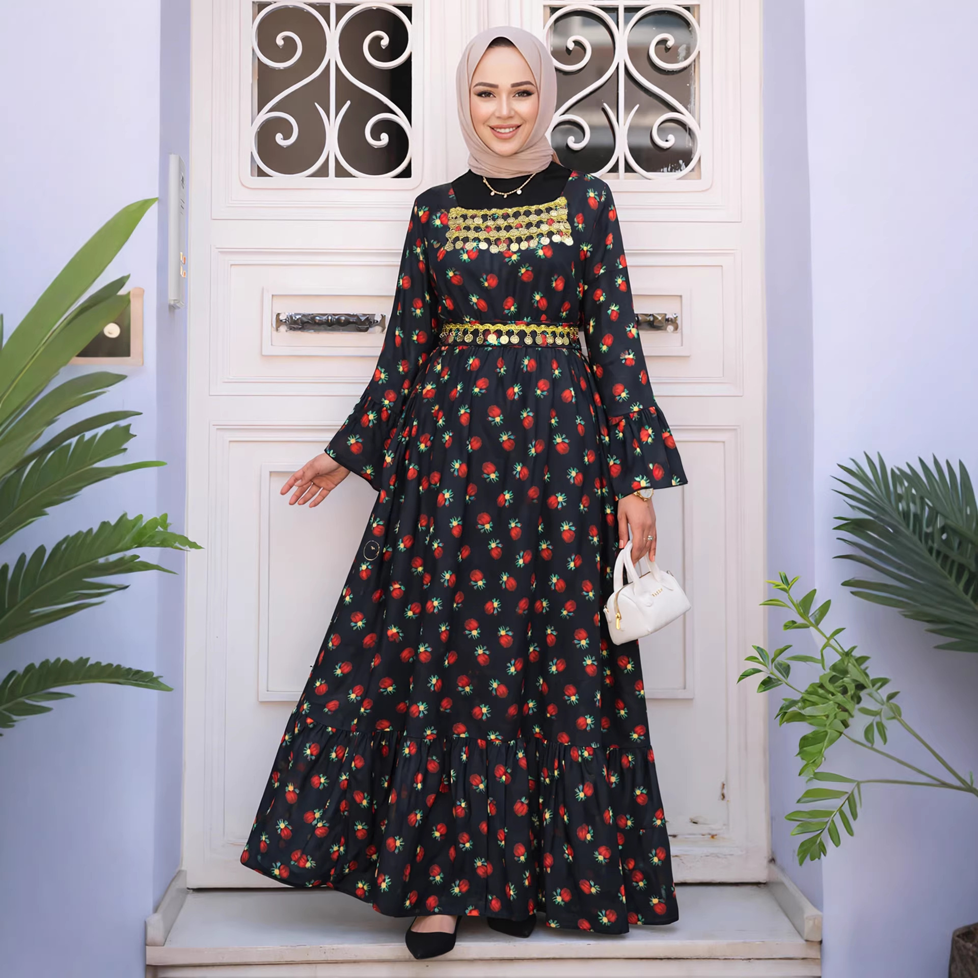 Abito Abaya elegante e comodo, con maniche svasate e design stampato – Abito lungo musulmano modesto (L-4XL, nero) – Dubai Fashion_voghion.com