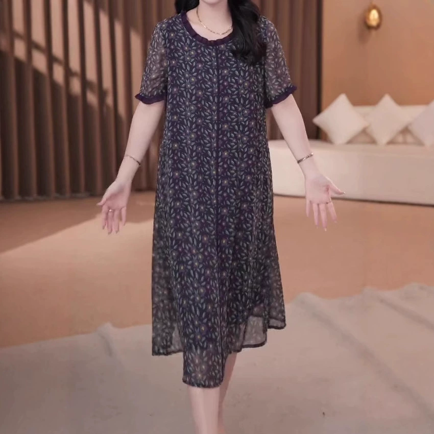 2025 модное повседневное свободное утягивающее шифоновое прямое драпированное платье с цветочным принтом 120kg женская одежда больших размеров