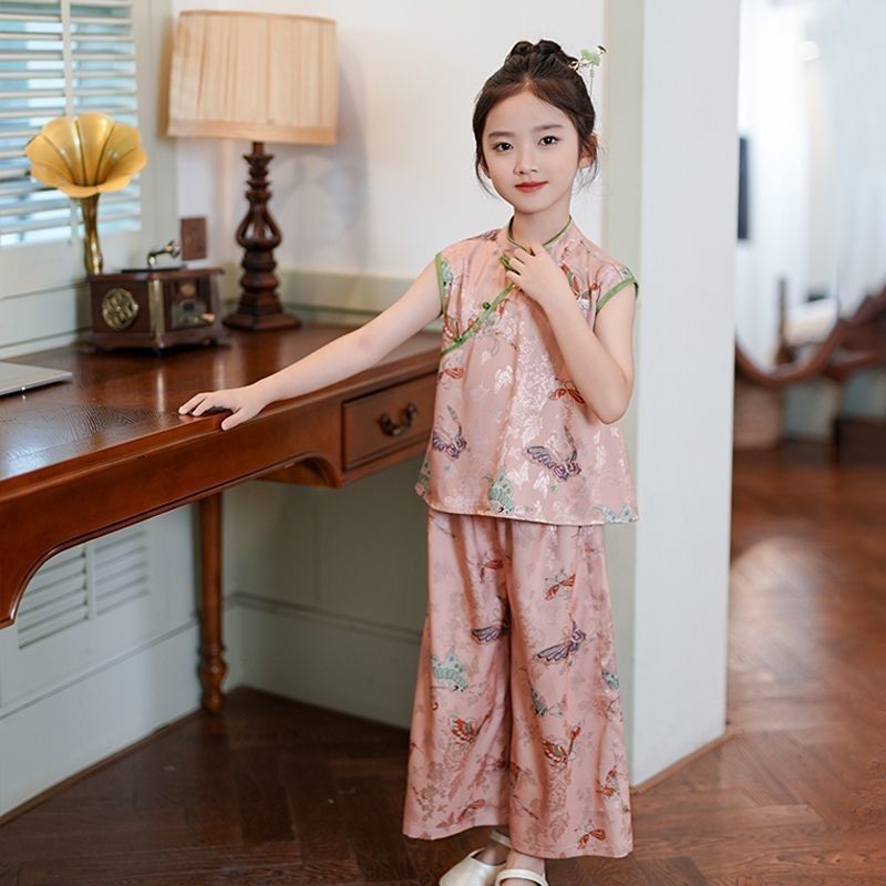 新中式女童夏季短袖套装2025新款汉服中国风马甲旗袍两件套公主装|undefined