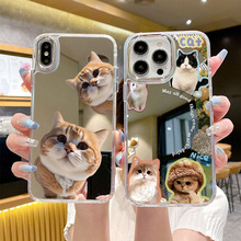 可爱小猫手机壳苹果15pro镜面壳iphone14pm手机壳大孔保护套