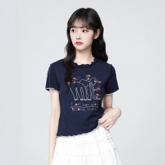藏蓝色边短袖T恤女夏2025夏季新款设计感卡通刺绣体恤短上衣