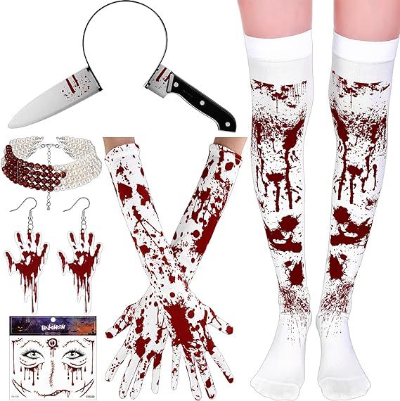 Suministros para disfraces de disfraces de Halloween: calcetines de sangre, guantes de sangre, delantal de sangre, cuchillo de sangre, pancarta de cuerdas, decoración colgante.