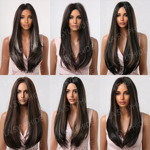 Wig manufacturers long straight hair wigs split long straight hair highlights colorful variety of hair European and American wigs women's full head cover