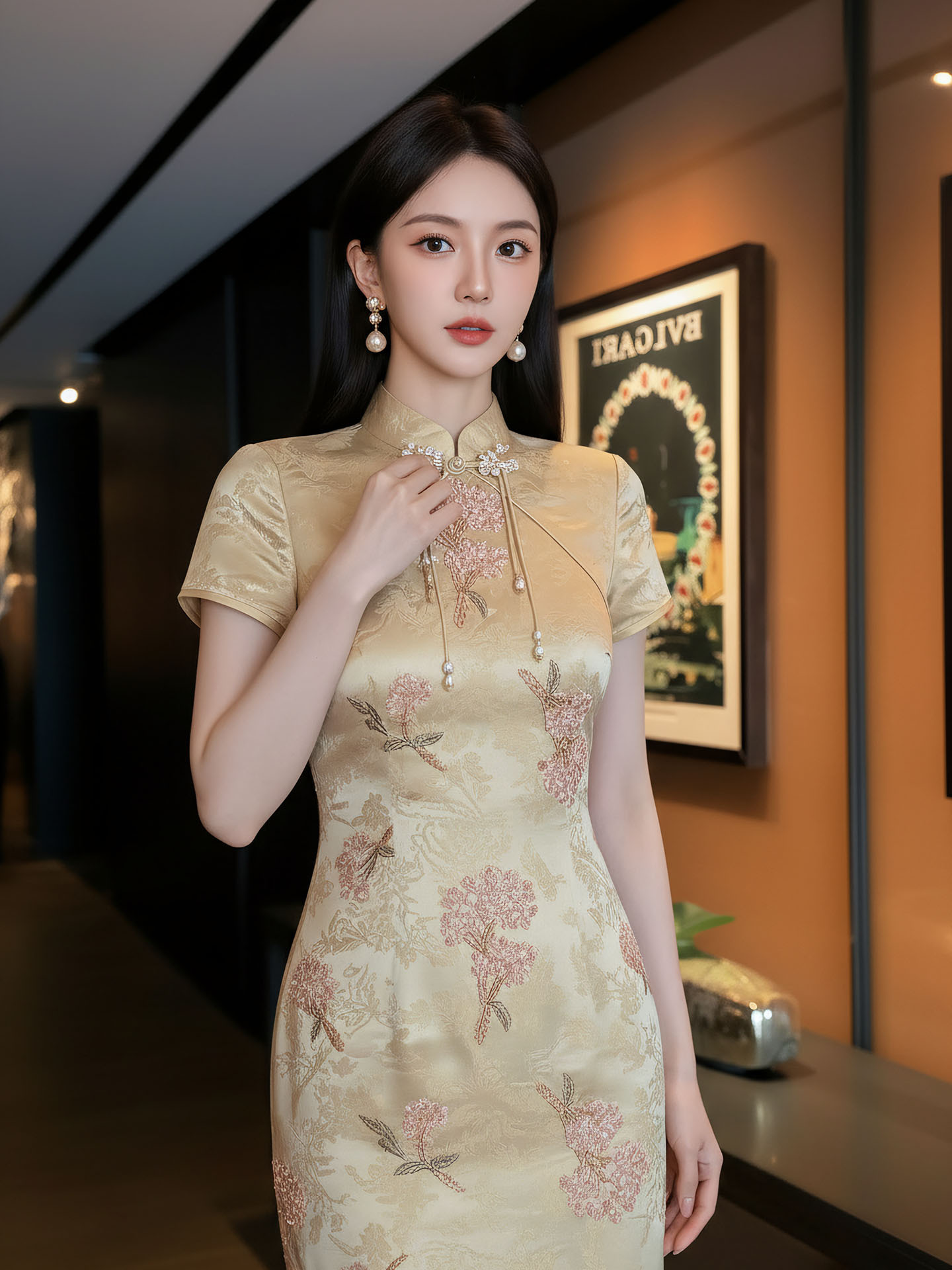 Đầm maxi nữ thêu ren hoa cổ trụ cài khuy, phong cách tân cổ điển — màu vàng