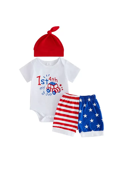 European and American Summer Newborn Romper Set: Independence Day Printed Romper + Pants + Hat Three-Piece Set for Babies