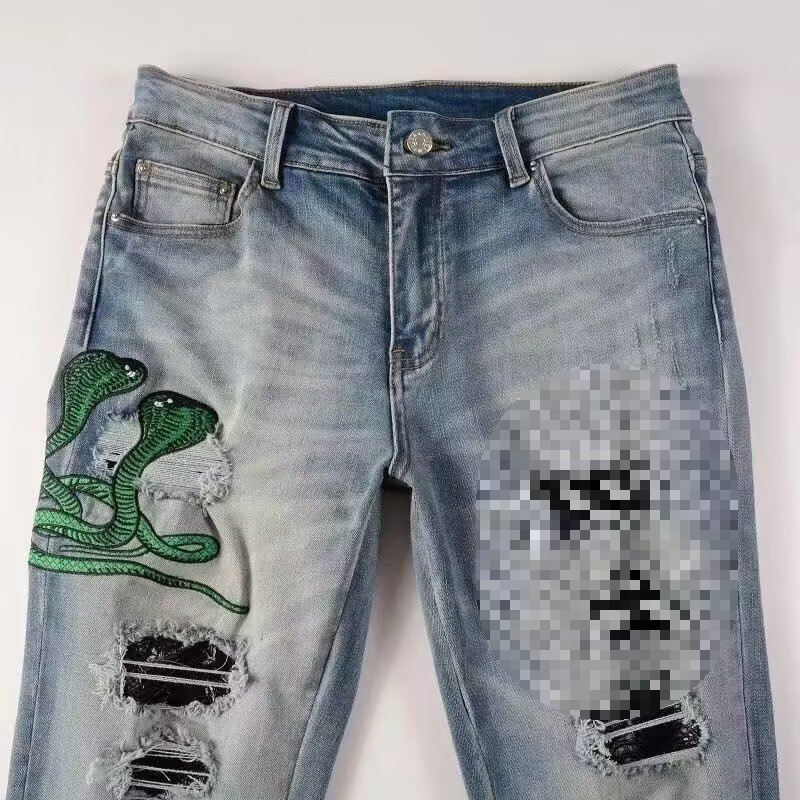 boy European And American High Street Trend Brand Vintage Distressed Niche Jeans For Men With Cobra Embroidery Patch Slim_voghion.com