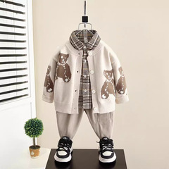 男童裝春秋季襯衫套裝兒童酷帥時髦2024新款寶寶秋裝毛衣三件套潮