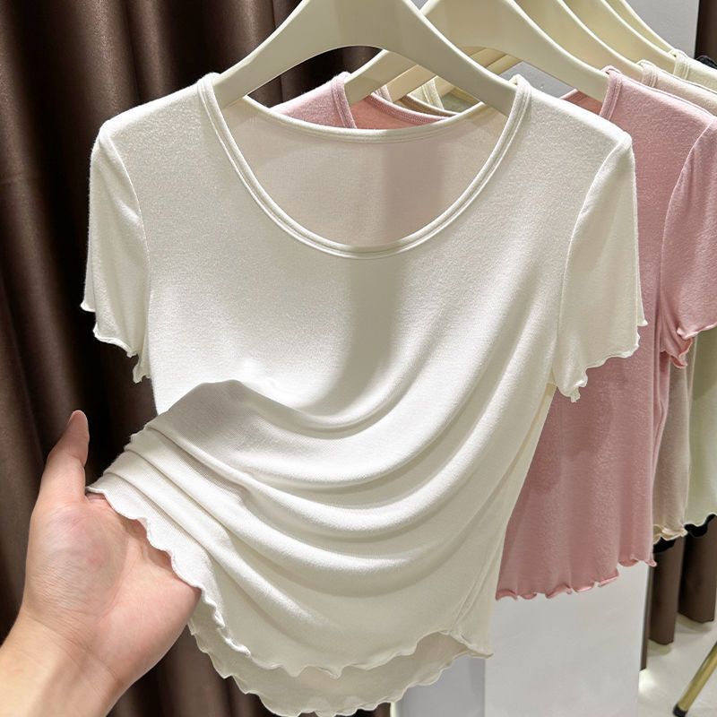 Modal Short-Sleeve T-Shirt for Women, 2026 Summer New Style, Solid Color, Large Round Neck, Ruffled Edge, Short Base Layer, Thin Top