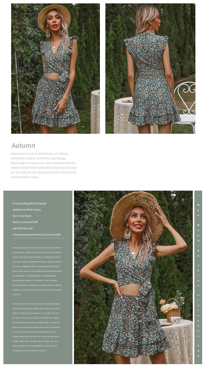 Floral One-piece Top Ruffle Two Piece Skirt Set_voghion.com