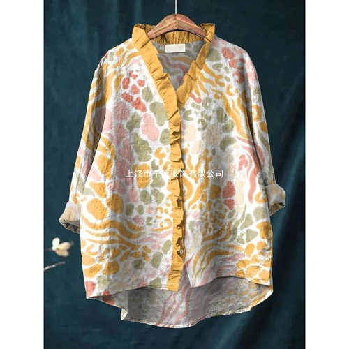 2025 European and American New Amazon Independent Store Floral Edge Collar Top 0168 Comfort Casual Linen Round Collar Short-Sleeve