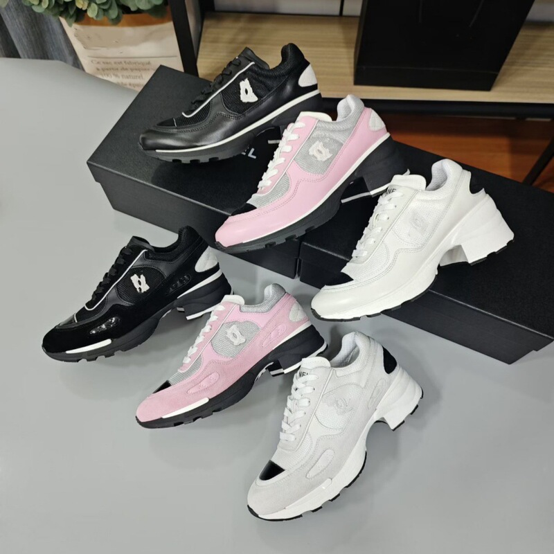 Foreign Trade 25K Small Fragrance Style Chunky Heel Panda Sneakers High Heel Double C Height-Increasing Thick-Soled Round-Toe Lace-Up Casual Shoes for Women