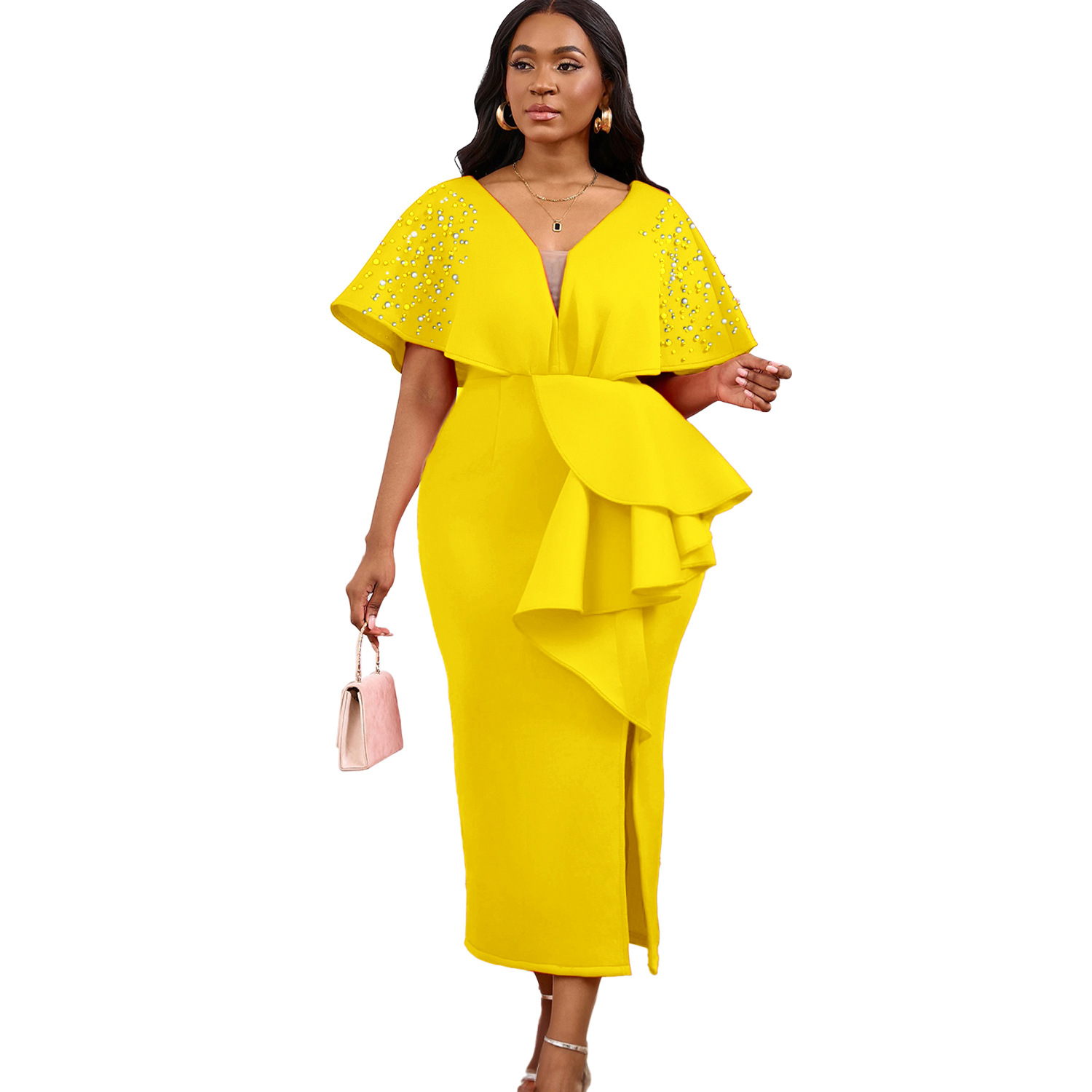 Robe de soirée sexy à col en V et à volants avec fente perlée, robe de banquet de tempérament de célébrité_voghion.com