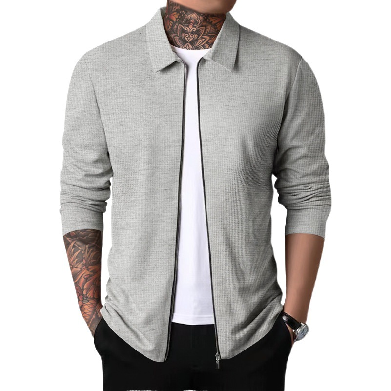 Cross-border 2023 chaqueta cardigan Otoño de los hombres Nueva chaqueta de cremallera de los hombres ocasionales de manga larga chaqueta de la galleta de solapa