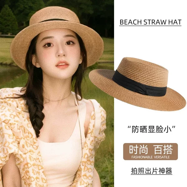 2025 New Style French Flat-Top Straw Hat for Women with Large Head Circumference Seaside Beach Hat Woven Sun Protection Sun Hat Summer