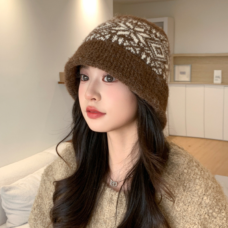 秋冬时尚雪花针织渔夫帽韩系百搭防寒保暖帽户外休闲大头围帽子女|undefined