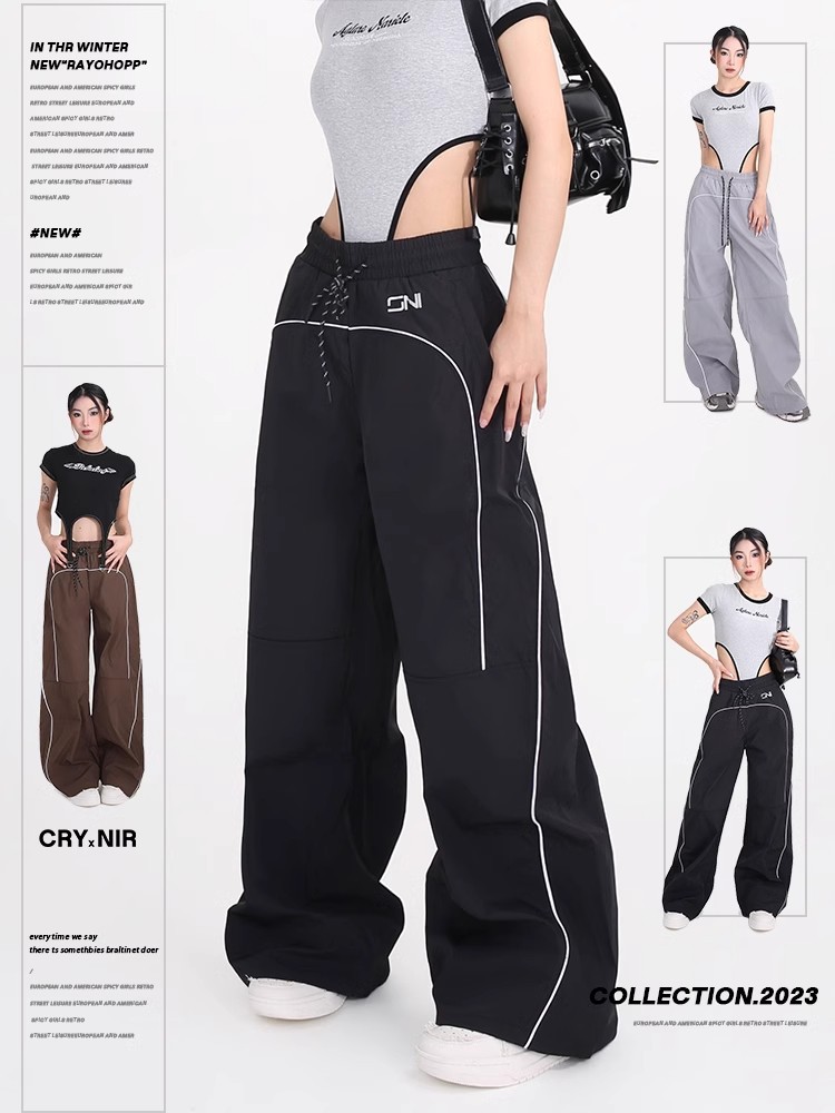 Pantalones deportivos casuales de pierna ancha americana 2025 nuevos pantalones de trapeador sueltos con cordón retro