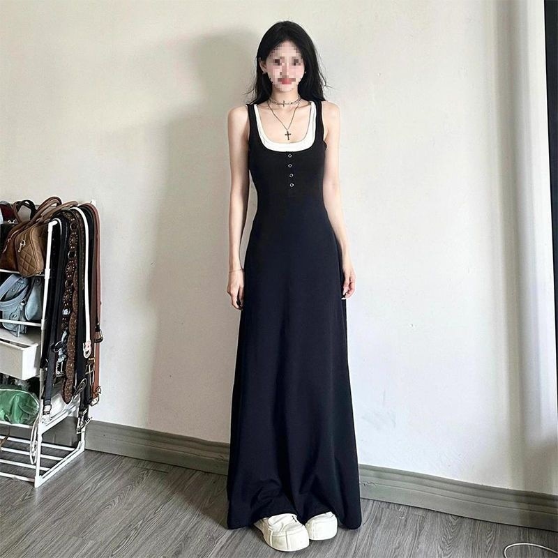 Đầm maxi nữ thắt eo dáng suông dây mảnh thiết kế kiểu Pháp — màu đen chi tiết 1
