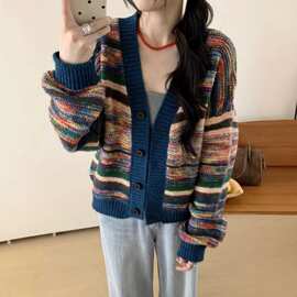 韩系彩色圆领毛衣外套女秋冬新款软糯宽松慵懒风撞色针织开衫上衣
