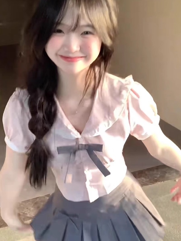 カレッジスタイルスイートホットガールピンクスーツ女性の夏jk制服小柄な韓国シャツプリーツスカート2点セット|undefined