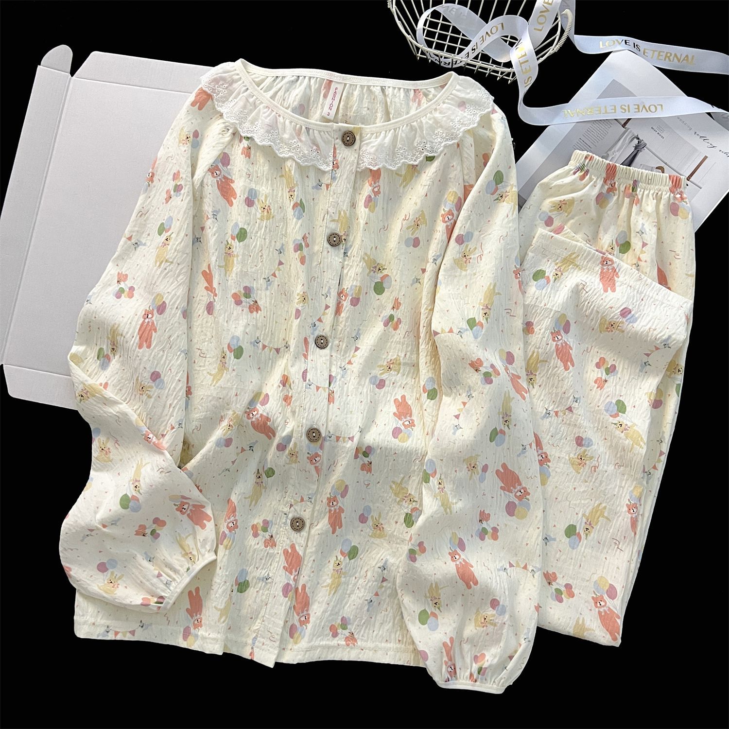 Al por mayor transfronterizo nubes de algodón adorable oso conjunto de pijamas de mujeres de otoño pantalones de manga larga cuello redondo ropa casual de encaje
