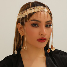 跨境新款头饰欧美流行创意时尚金色钱币流苏头链女舞蹈演出配饰