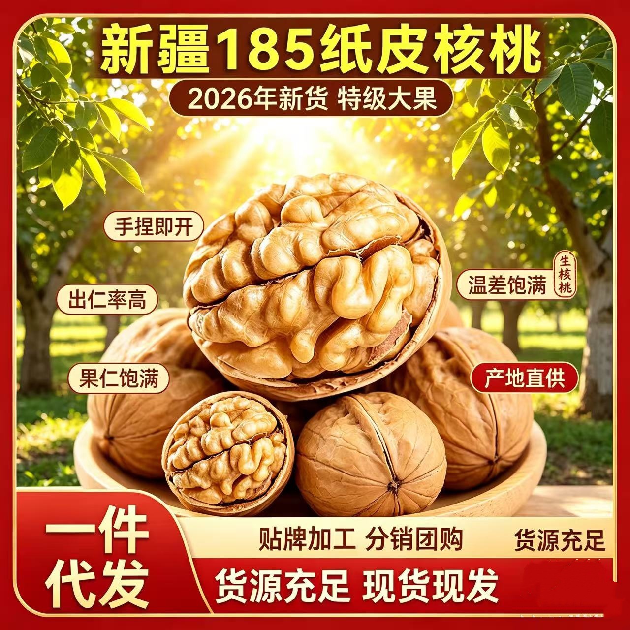 代发26年新货185新疆纸皮核桃批发坚果薄皮大核桃原味休闲零食
