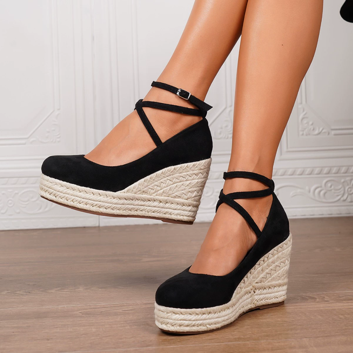 Туфли Espadille женские с анкл-strap в минималистском стиле с нейтральным цветом, размерно-праздничные, соломяно-плетеные клинья на толстой подошве