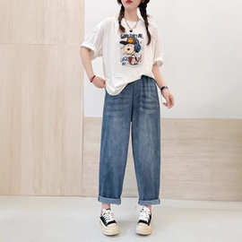 新品时尚复古显瘦休闲哈伦裤女卡通刺绣弹力牛仔裤