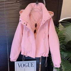 韩范休闲二棉外套女欧货2025春季新款连帽长袖夹棉减龄外衣潮氨纶