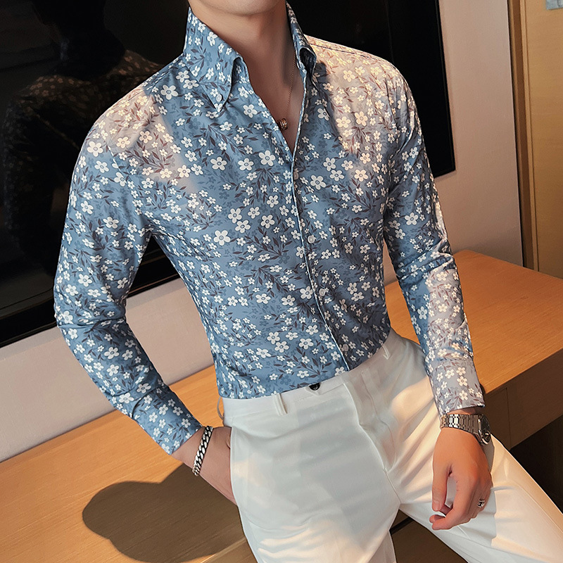 韩版新品春装男生衬衫时尚小碎花打底衫翻领修身帅气小伙长袖衬衣