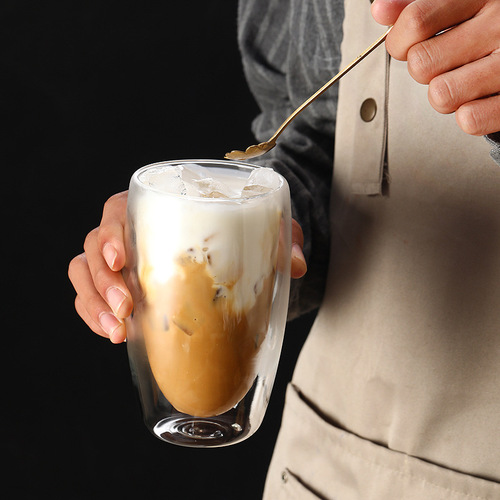 Transparent oval juice milk cup American latte coffee cup, thick double-layer glass cup, high-temperature resistant