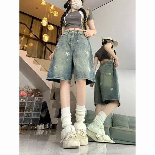 American Retro Washed Star Denim Short Pants for Women Summer Street Straight Leg Loose Slimming Wide Leg Five-Pocket Pants Trendy