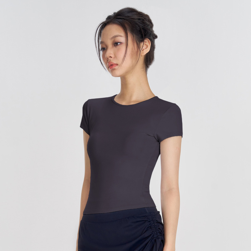 Huankan ファッショナブルなヌードランニングヨガ T シャツ、女性用、薄手、スリムフィット、スポーツ半袖、エレガントなラウンドネック、女性用フィットネスウェア|undefined