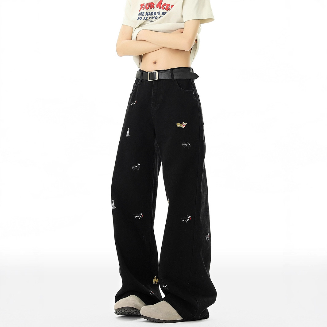 American-Style Fun Puppy Embroidered Jeans for Men and Women, Summer Trendy Washed Vintage Wide-Leg Pants, High-Waisted Slimming Floor-Length Pants