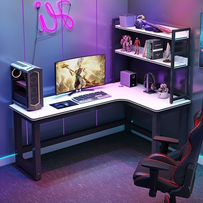 Double-person computer desk for bedroom with bookshelf, corner gaming desk, rental room gaming table, student desk, office desk, etc Double-person computer desk for bedroom with bookshelf, corner gaming desk, rental room gaming table, student desk, office desk, etc