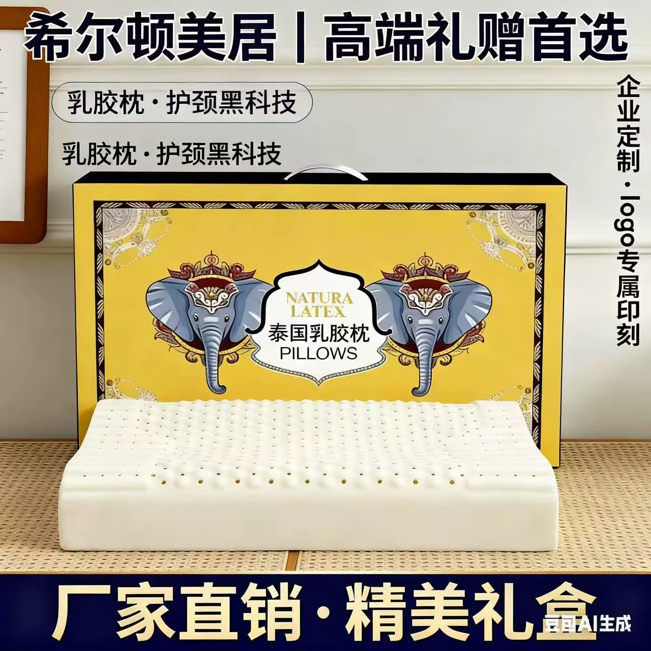 希尔顿乳胶枕礼盒装可印logo高端礼品护颈枕企业集采代发
