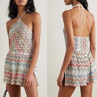 Foreign Trade Independent Station European and American 2025 New Summer Sexy Printed Colorful Wave Backless Halter Neck Slit Jumpsuit