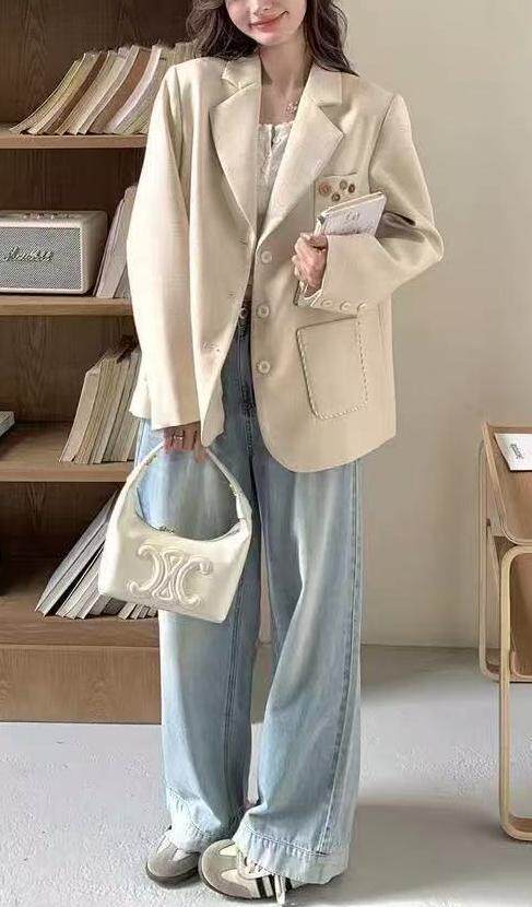 Áo vest nữ dáng suông thanh lịch, tay dài, cổ vest, phong cách công sở — Màu yến mạch (chất lượng cao) chi tiết 10