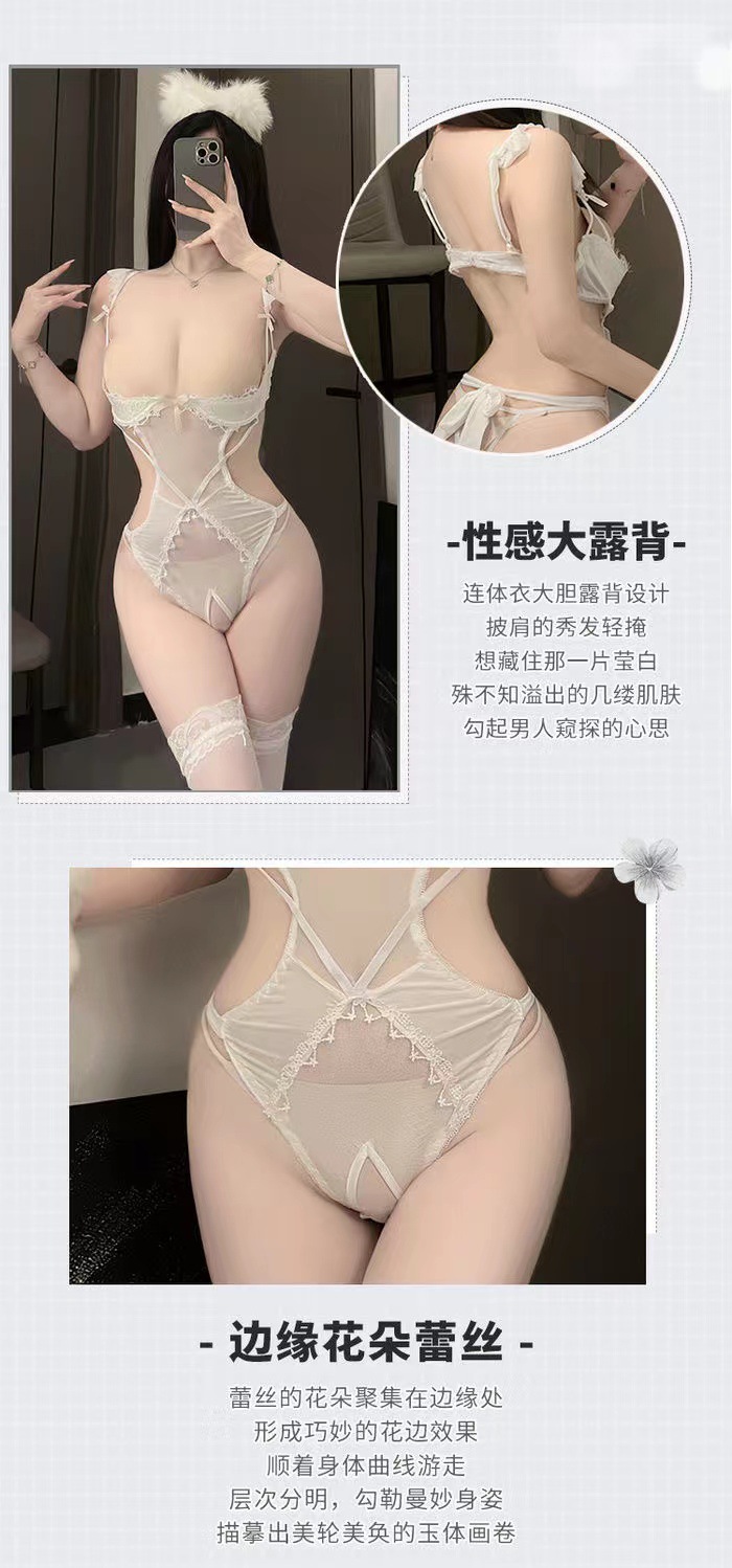 Open-Cup Polyester Lingerie Jumpsuit with Underwire, White with Stockings, One Size — detail image 6