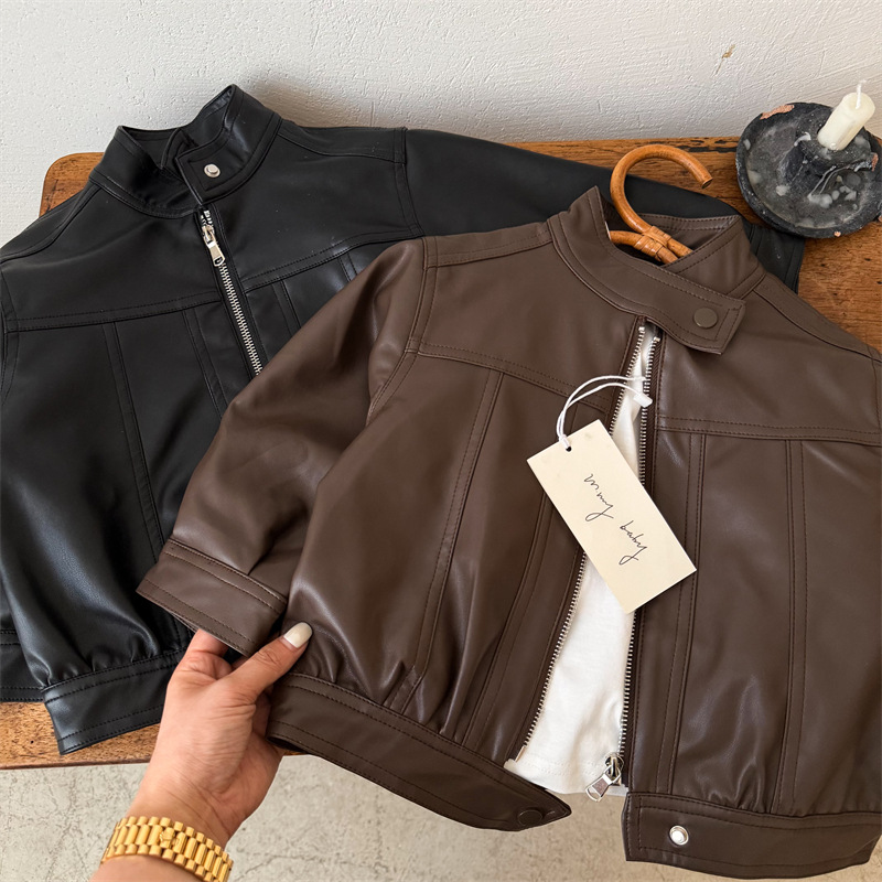 Children's Jacket 2026 Autumn New Arrival: Solid Color Stand Collar Leather Jacket for Boys and Girls, Baby Korean Style Zipper Jacket