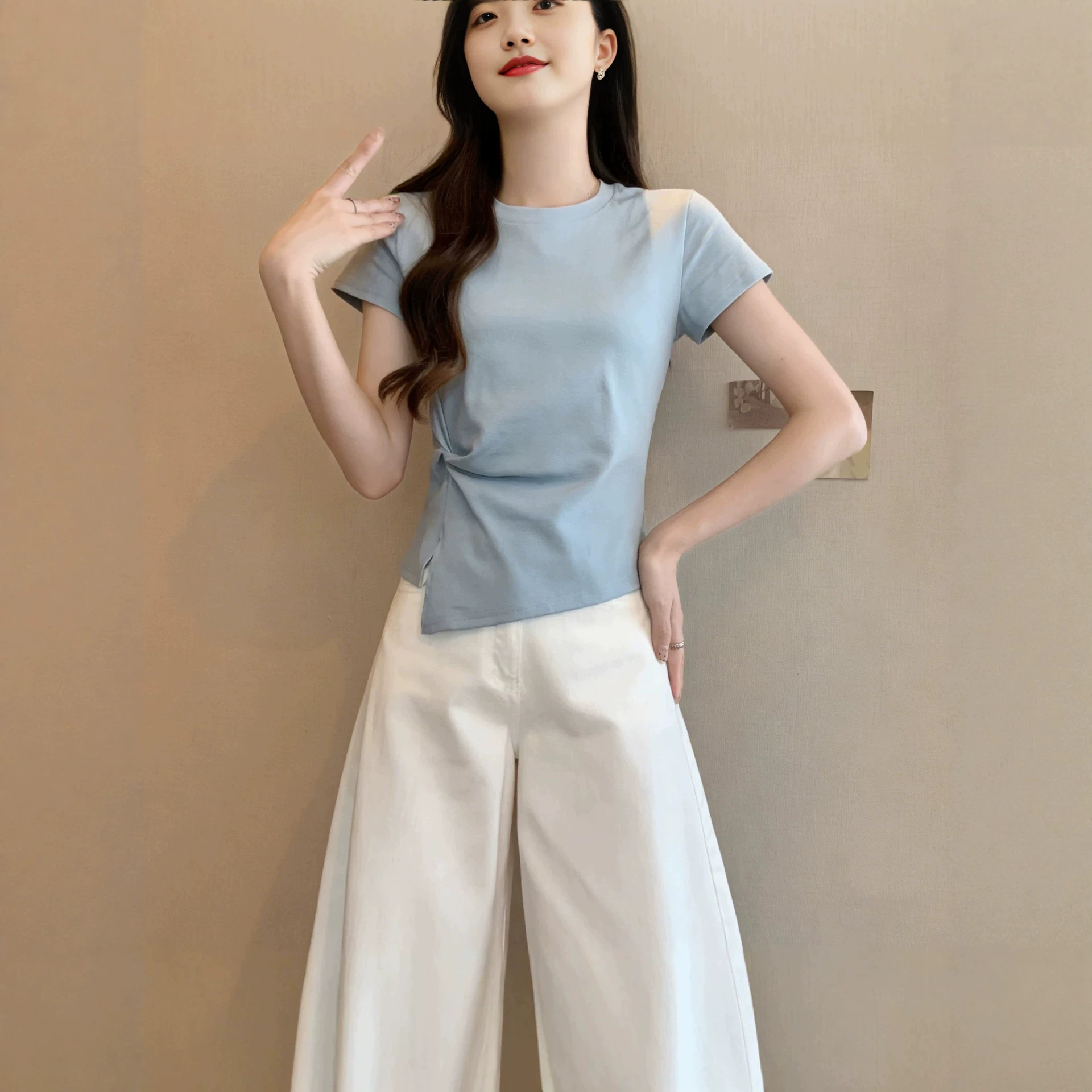 Korean-Style Design Twist-Knot Slit Short-Sleeve T-Shirt for Women, Summer Hot-Selling Round-Neck Slim-Fit Stylish Top