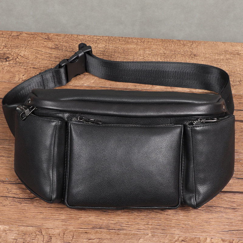 Túi đeo chéo nam da bò lớp đầu tiên, túi đeo ngực dung tích lớn chống trộm 17×7×13 cm — Màu đen