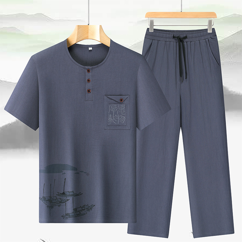 Papá transfronterizo de verano set de algodón de mediana edad camiseta de manga corta delgada abuelo dos piezas set de pantalones casuales image 7