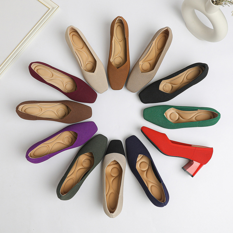 Japanese Style Princess Shoes Square Toe Medium Heel Knitted Shoes Women's Thick Heel Shallow Mouth Woven Shoes Comfortable Breathable Stewardess Shoes Women's Shoes