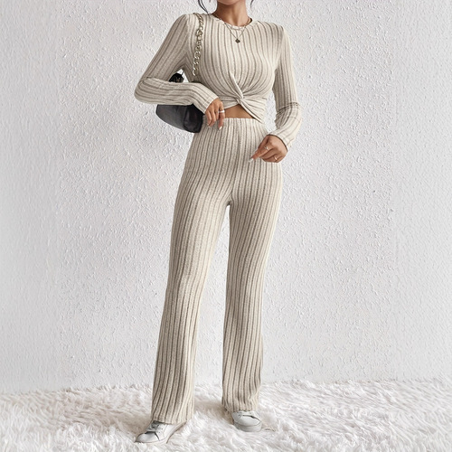 Popular European and American models casual solid color two-piece set with front knotted long-sleeved short top and slim pants set