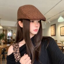 甜酷辣妹风豹纹前进帽女秋冬季毛呢复古显脸小鸭舌帽反戴报童帽潮