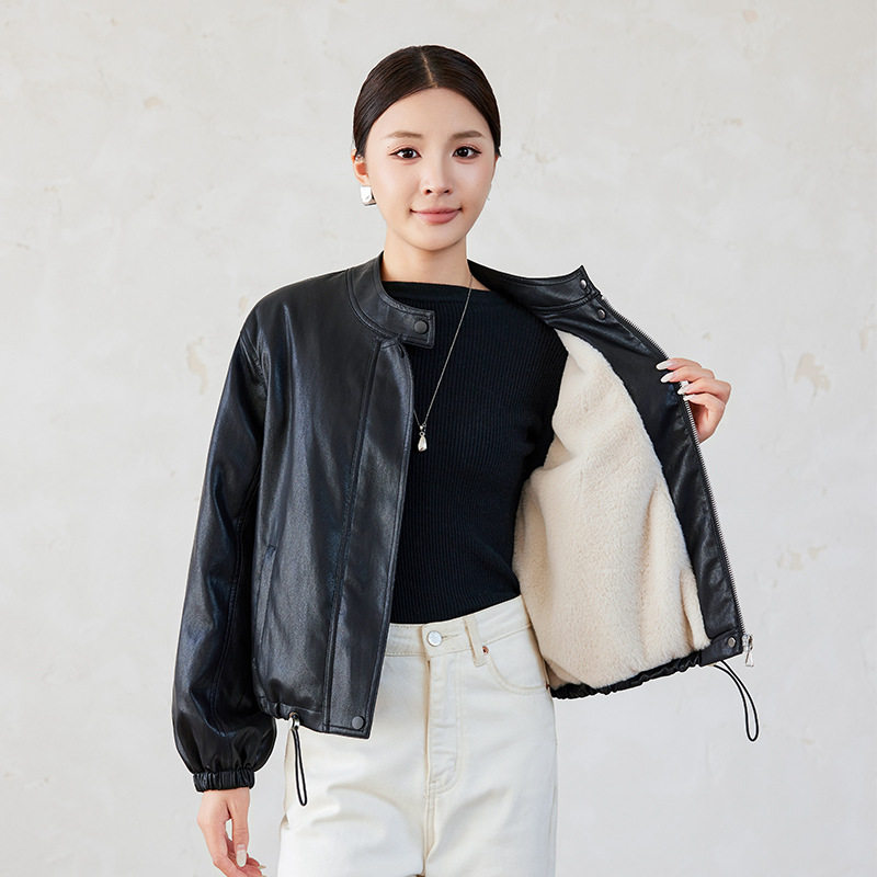 Áo khoác da nữ ngắn cổ đứng lót lông dày dặn — Cà phê đỏ với fleece dày, Màu đen Fleece dày