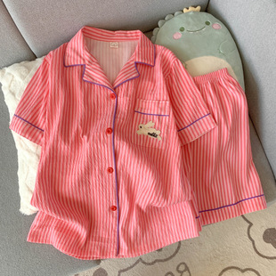 2025Ins Pajamas for Women Summer Short-Sleeved Shorts, Fashionable Pure Cotton Student Home Clothes Set, Loose for Going Out