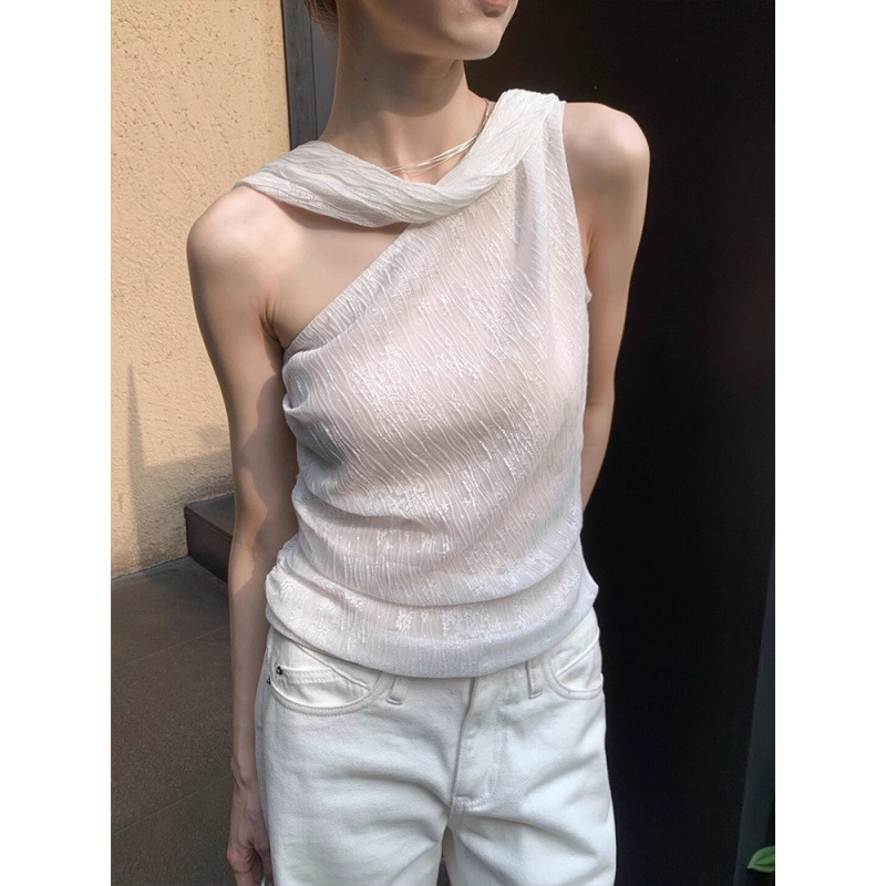 White Asymmetrical Sleeveless Off-Shoulder Camisole for Women, Summer Trendy Short Tank Top with Irregular Tassels