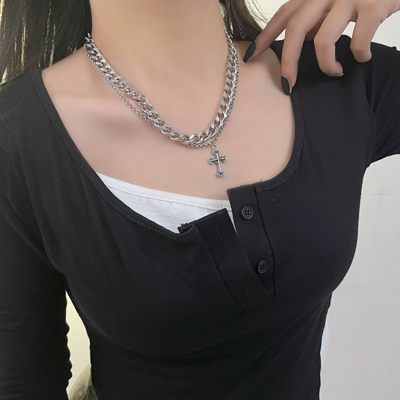 Collier pendentif croix vintage en acier titane pour femme, double rangée, style hip-hop, chaîne cubaine pour clavicule, pour homme_voghion.com
